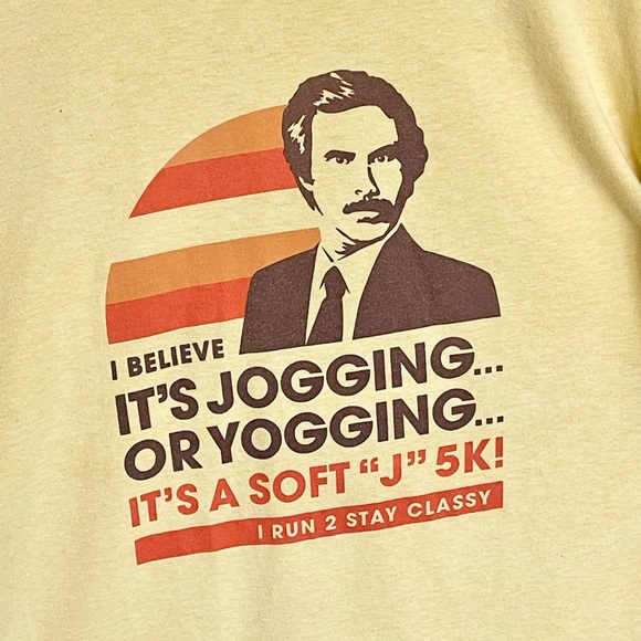 Anchorman Ron Burgundy Jogging or Yogging Retro Yellow T Shirt Adult size Large - Picture 4 of 10